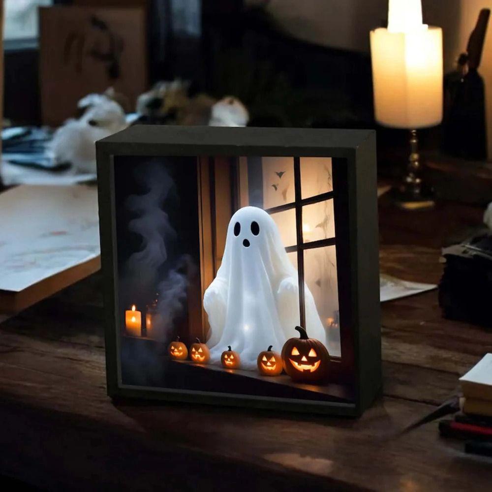 LED Halloween Night Light Wooden Ghost Painting Frame Lamp New Desktop Decor Ornaments Gifts