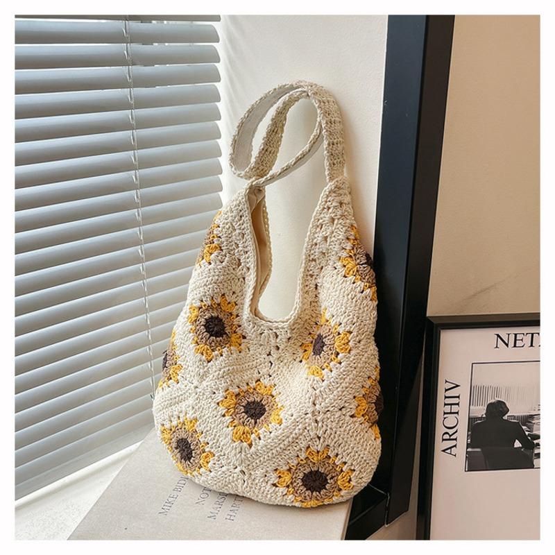 Вязаная крючком из хлопковой нити ручной работы сумка женская, плетёная соломой пляжная сумка на плечо с узором «бабушкин квадрат» и ажурным цветком