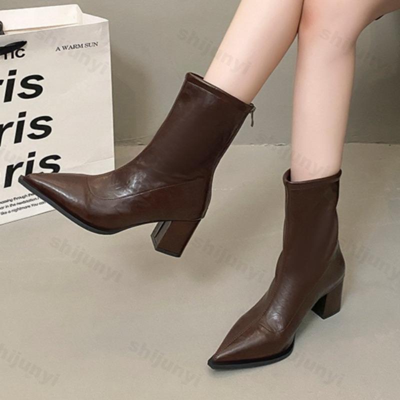 Модные женские короткие ботинки 2025 Осень Острый носок Корейская мода Однотонные Нескользящие Высокие каблуки Толстый каблук Удобная обувь Botas Mujer