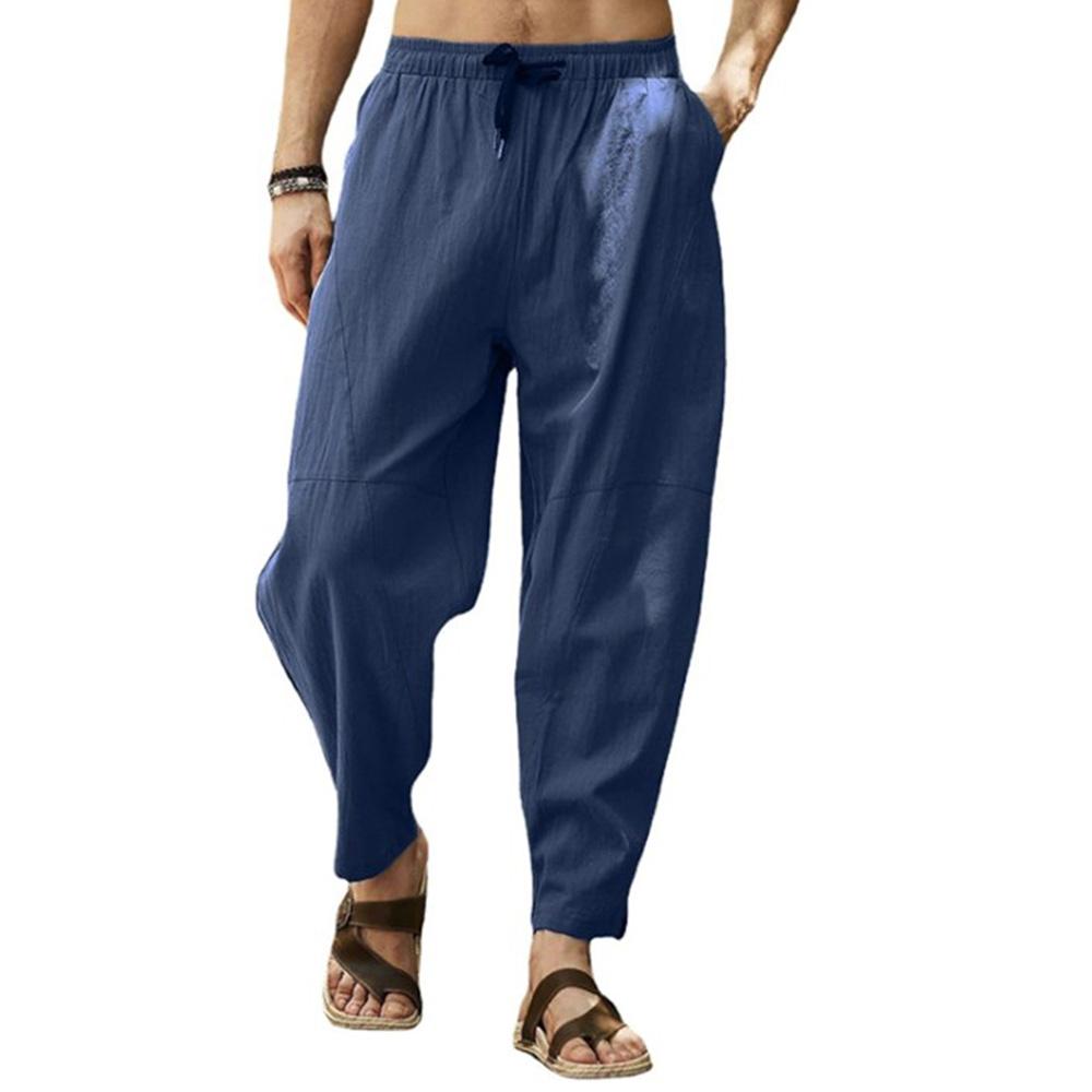 Мужские мешковатые длинные брюки из хлопка и льна, широкие брюки с эластичной резинкой на талии, свободные шаровары