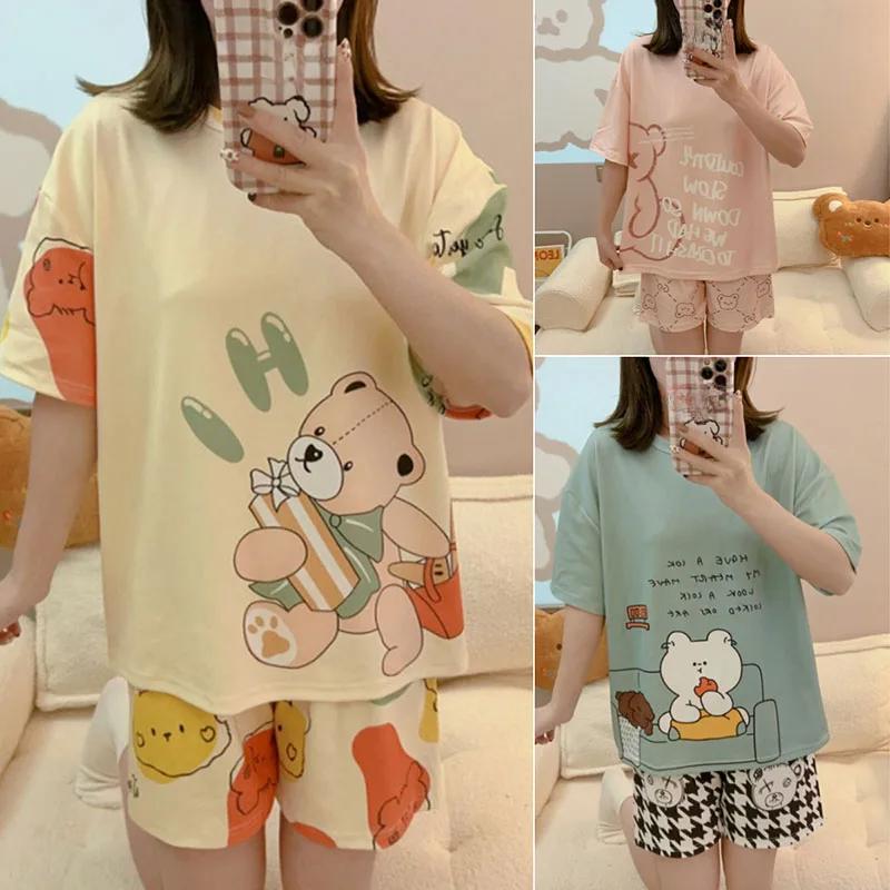 2pcs/Set Women's Pajamas Summer Short-Sleeved Shorts Student Home Wear Can Be Worn Outside Cartoon Letters Bear Pullover Top