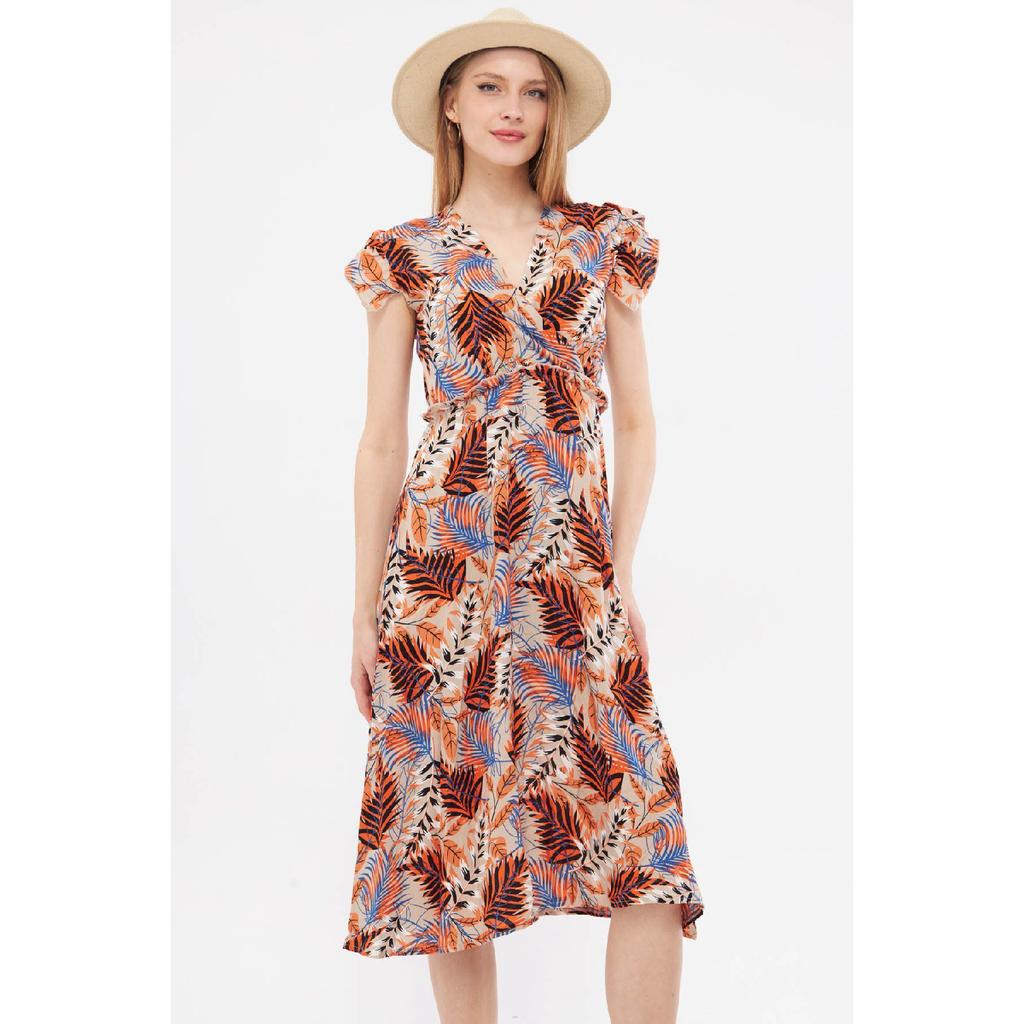 Женское бежевое платье-миди, двубортный воротник, рюши на плечах, эластичная резинка на талии, длина миди, рука-24y001020