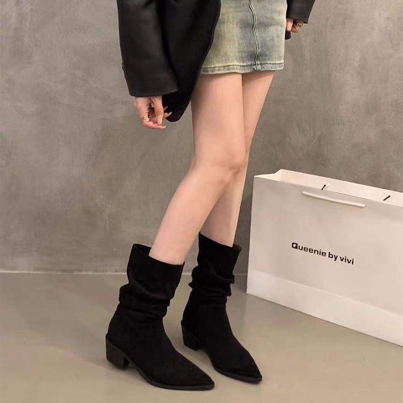Vintage Pointed Toe Women Western Cowgirl Boots Fashion Slip On Shoes Autumn Winter Square Heel Women's Suede Short Booties