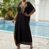Пляжные накидки, черные кафтаны с вышитыми цветами и воротником-стойкой для женщин, праздничные купальные костюмы больших размеров