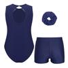 Girls Sleeveless Rhinestone Leotard Keyhole Back V Waistband Shorts Hair Tie Gymnastics Outfit