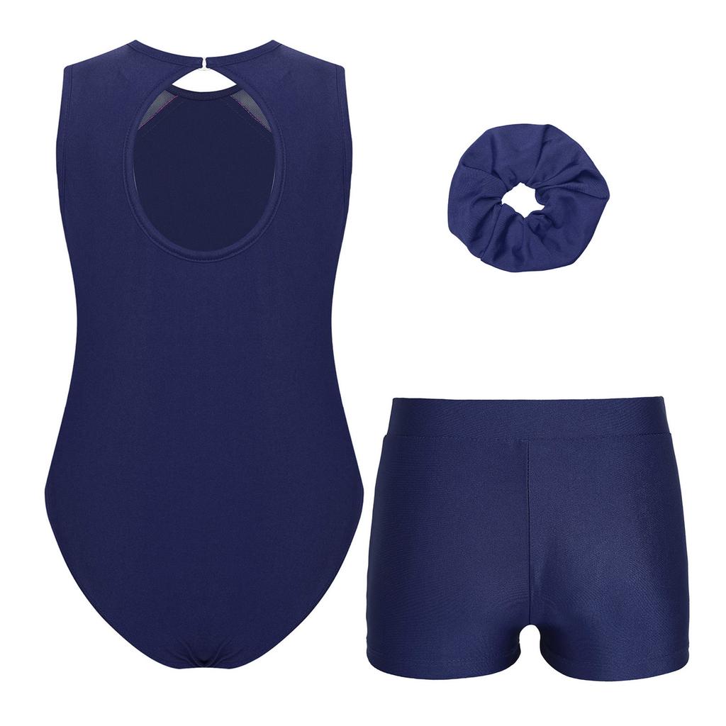 Girls Sleeveless Rhinestone Leotard Keyhole Back V Waistband Shorts Hair Tie Gymnastics Outfit