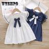 Summer Baby Girls Casual Clothes Dress Printing Short Sleeve Dress Kids Toddler Pageant Navy Dresses
