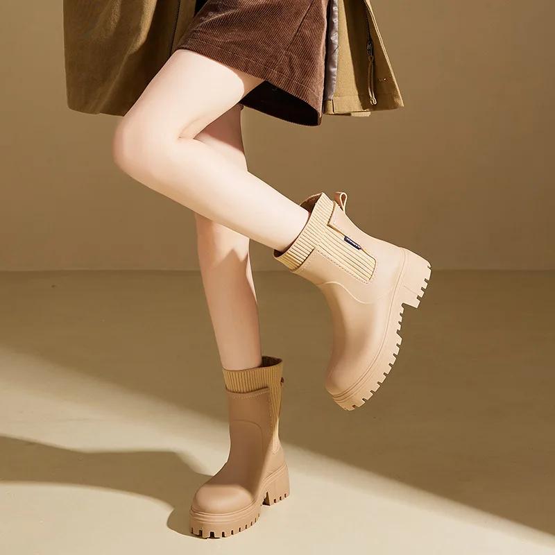 Сапоги из непромокаемой ткани женские, всесезонные, модные, для отдыха на открытом воздухе, средней высоты, водонепроницаемые, нескользящие, резиновые, модные, с хлопковым покрытием