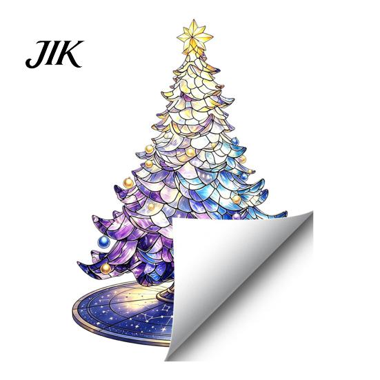 Removable Holiday Glass Decals Stained Style Christmas Tree Static Window Cling, Gradient Starry Sky Festive Party Supplies Xmas Sticker, Reusable PVC