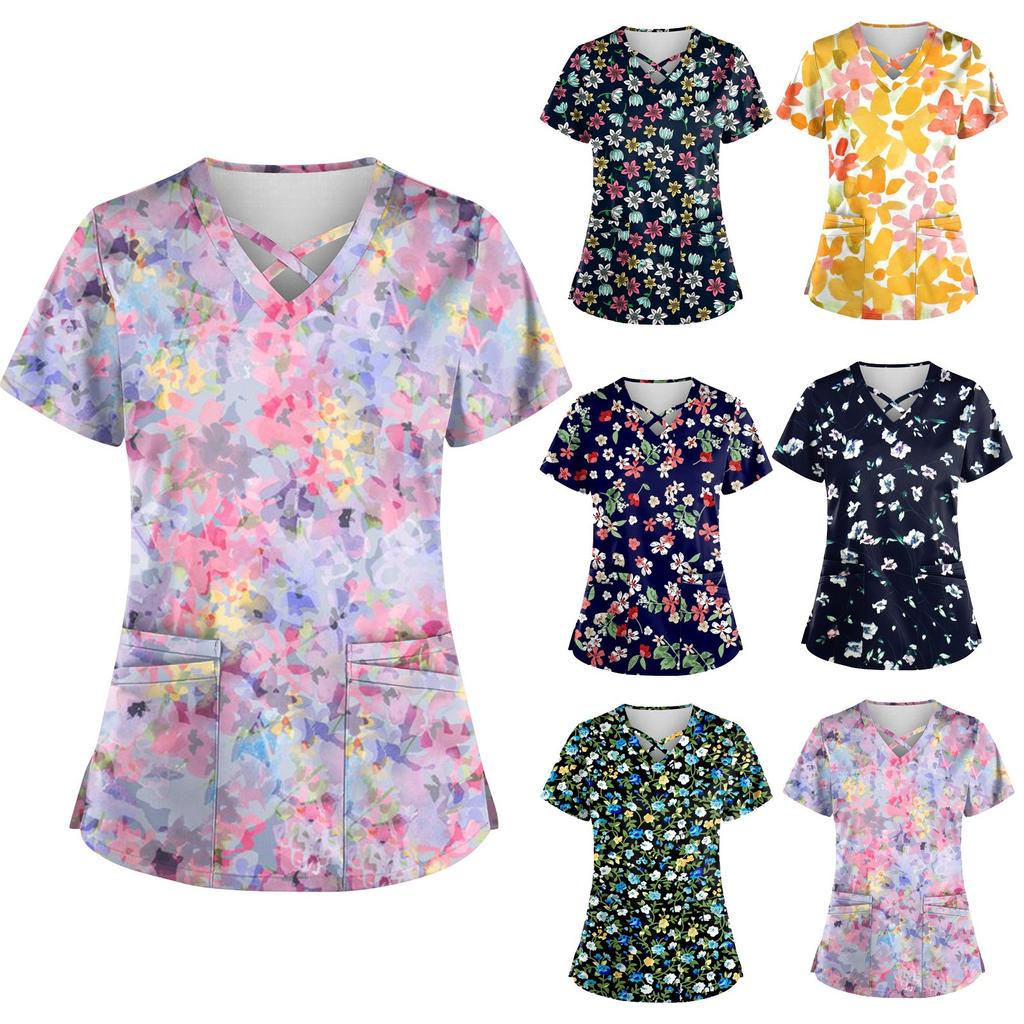 Плюс размер, милая рабочая форма с принтом, топы для женщин, забавные футболки с перекрестным v-образным вырезом и короткими рукавами, рабочая одежда, футболка с карманами