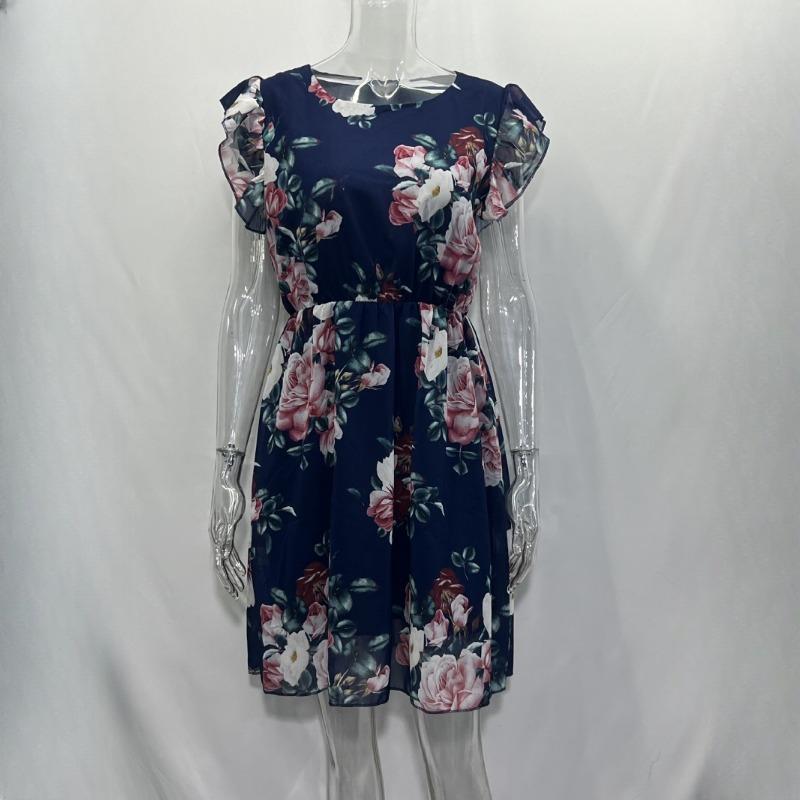 IHUASU Summer Holiday Style Ruffle Short Sleeve Chiffon Printed Rose Dress