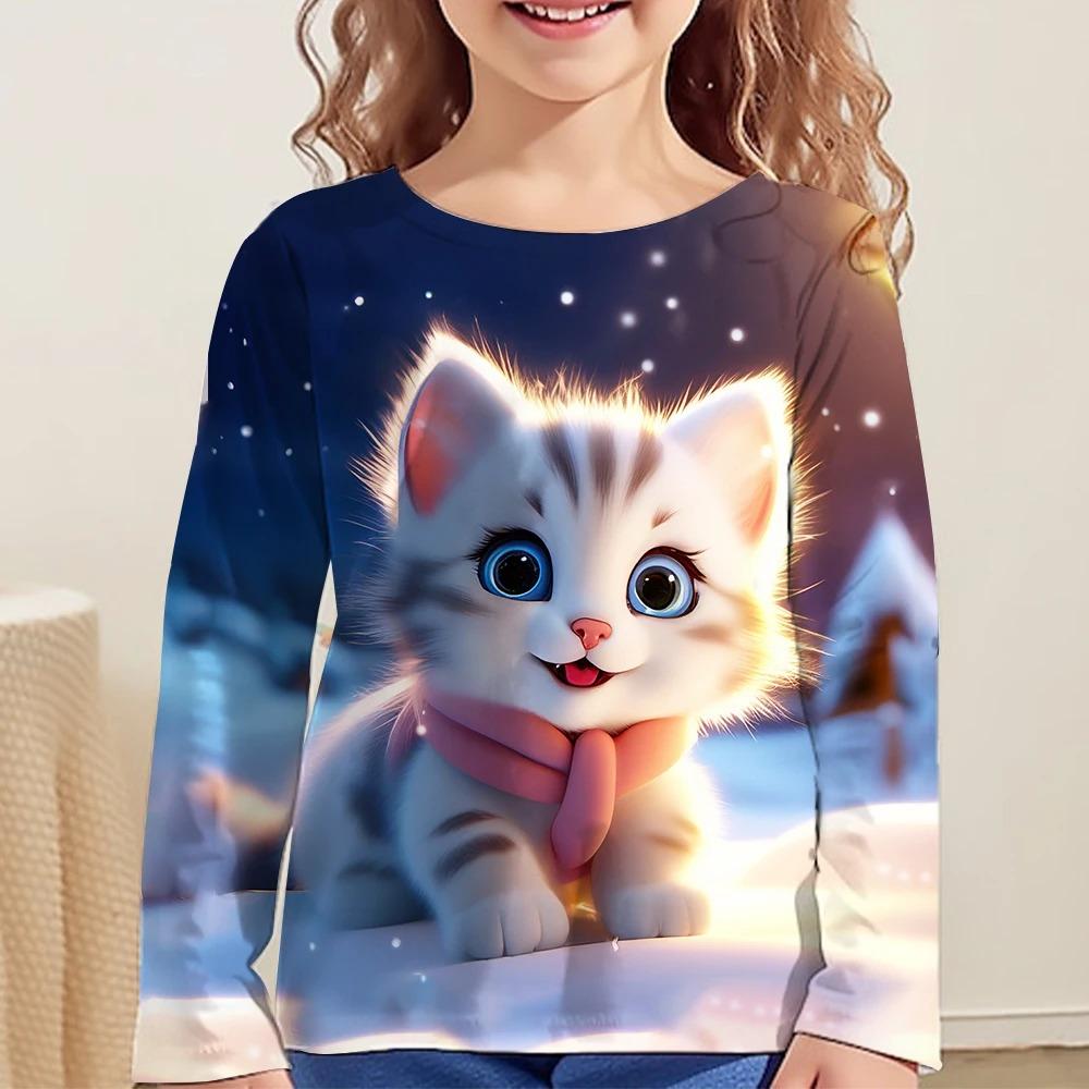 Children's Cute Cat 3D Digital Printed Girl Fashion Trend Round Neck Long Sleeved T-shirt