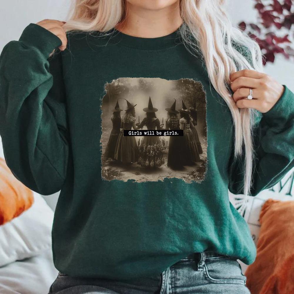Свитшот «Girls Will Be Girls Witch» с изображением феминистской ведьмы, толстовки с капюшоном, винтажный свитшот на Хэллоуин, женские пуловеры, ведьминская одежда