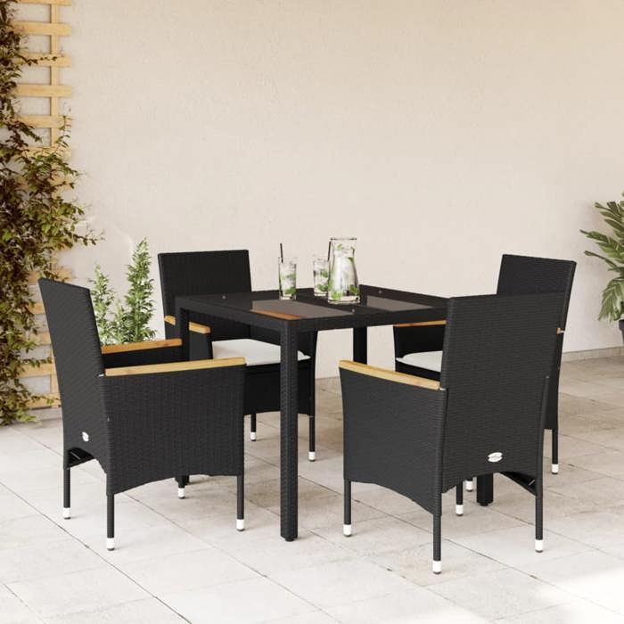 VidaXL Ensemble à manger de jardin et coussins 5 pcs noir rotin verre, ensemble de salle à manger d'extérieur, meuble de 3278646
