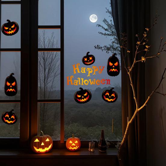 No Glue Window Art Halloween Static Cling Decals, Spooky Pumpkin Bat Stickers, Self Transparent Glass Films Adhesive Removable Decor for Home