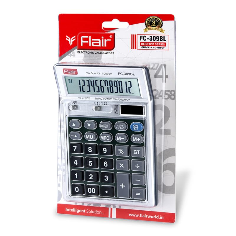 FLAIR FC-309 Desktop Calculator Grey Dual Power GT Keys Metal Cladding 99 Steps Check & Correct for Home Office Shop Use