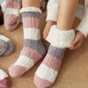 Women Winter Socks Warm Fluffy Contrast Color Striped Fleece Thicken Sleep Sock Fuzzy Plush House Sleeping Slipper Sock