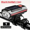 USB Rechargeable Solar LED Bike Headlight and Horn 3 Lighting Modes Handlebar Mounted