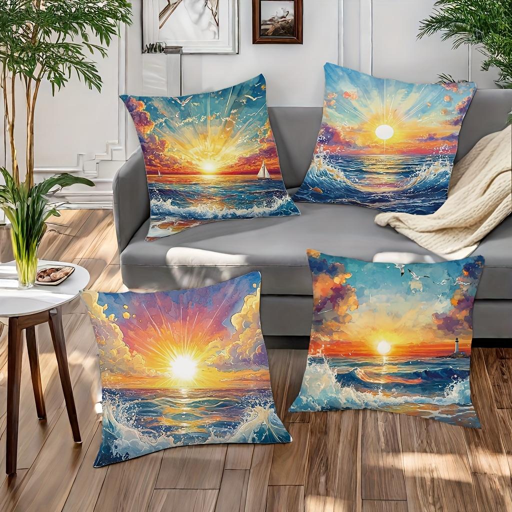 4Pcs Ocean Sunset Style Single-Sided Printing Short Plush Suitable For Living Rooms Bedrooms Sofas (Excluding Pillow Cores)