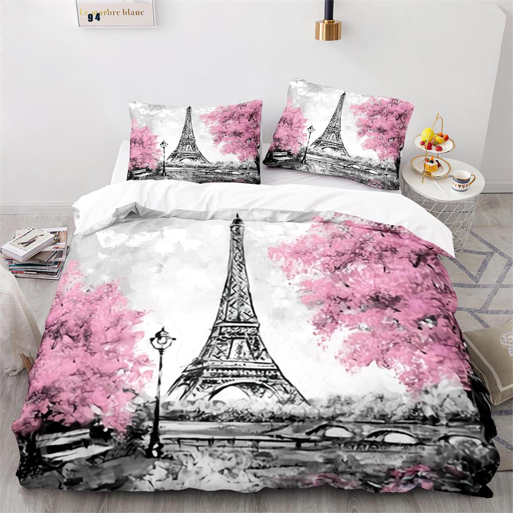 Paris Eiffel Tower Themed Duvet Cover Set City Landscape Sky Cloud Comforter Cover Home Decor Romantic Bedspread Cover King Size