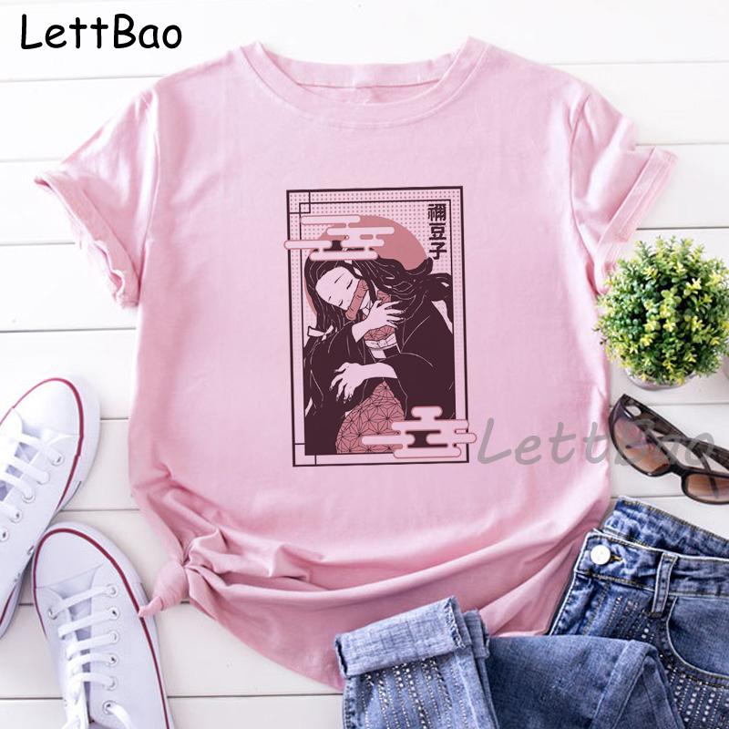 Nezuko Kimetsu No Yaiba Funny Graphic Pink T Shirts Women Vintage Anime Print Tee Shirt 90S