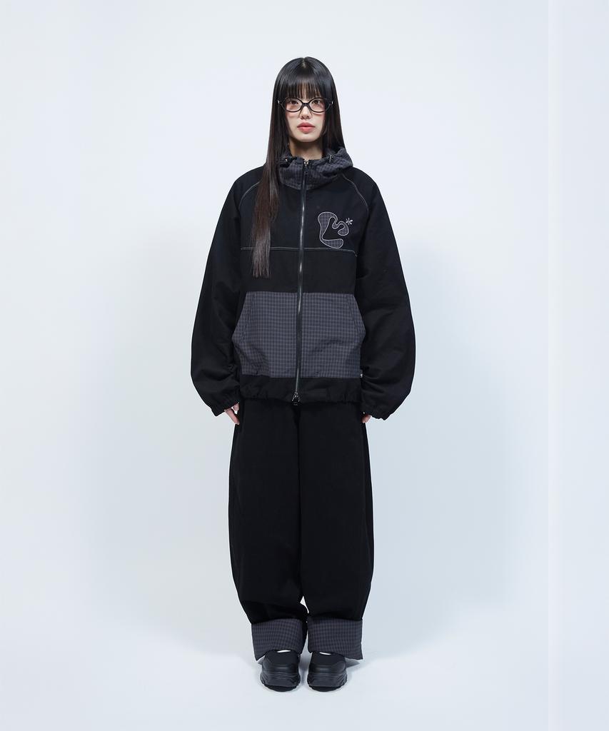 LMR Check Applique Roll-Up Two-Way Balloon Pants Black