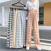 Women's Spring Pink Plaid High Waist Wide Leg Pajama Trousers