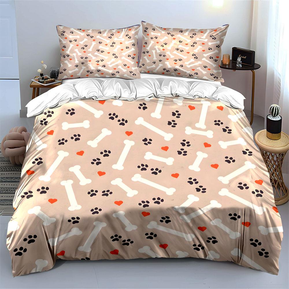 Dog Bones and Paw Prints Pattern Bedding Duvet Cover Set  (1*Duvet Cover 2*Pillowcases, without duvet insert)