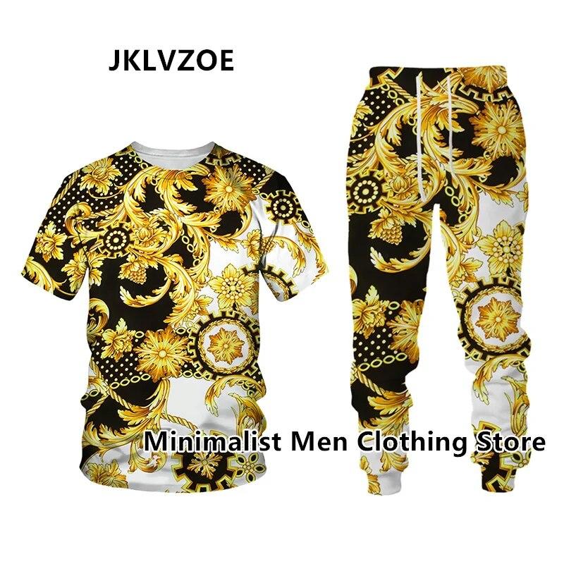 Мужской спортивный костюм, элитный бренд, футболка с коротким рукавом + длинные брюки, комплект из 2 предметов с золотистым 3D принтом, спортивная одежда для бега, повседневная уличная одежда