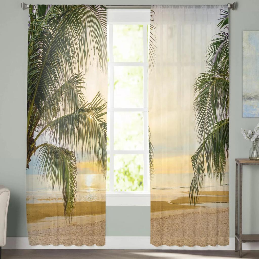 Modern Sheer Curtains Summer Beach Palm Trees Living Room Kitchen Children's Room Decoration Household Chiffon Window Curtains