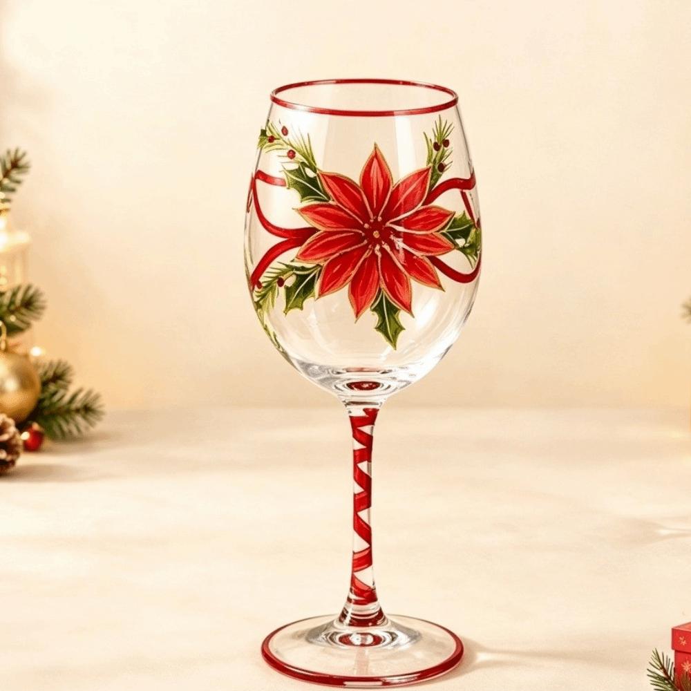 Poinsettia Christmas Wine Glass 2D Hand Painted Red Wine Cup Clear Stemmed Cup Christmas