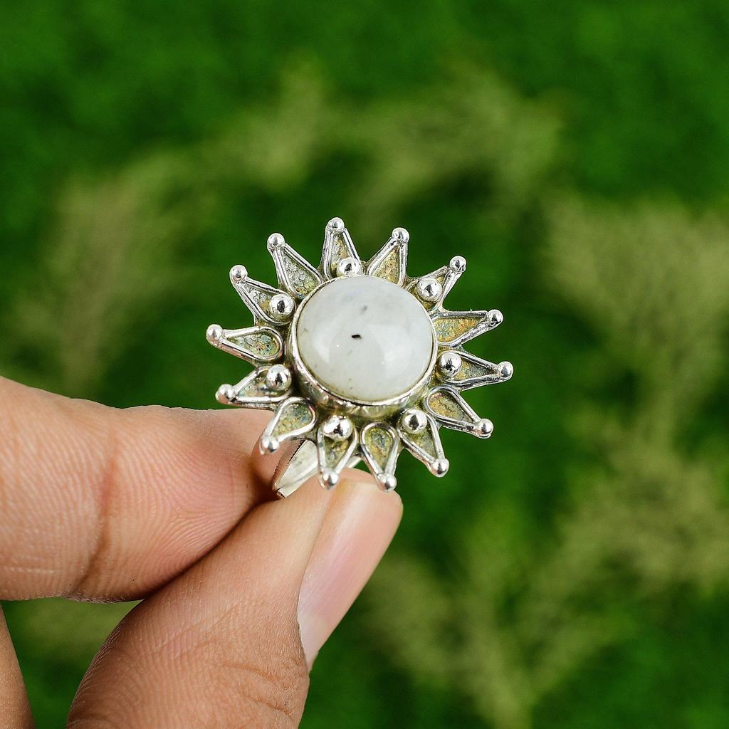 Rainbow Moonstone Gemstone Promise New Flower Stackable Ring Jewelry 925 Silver