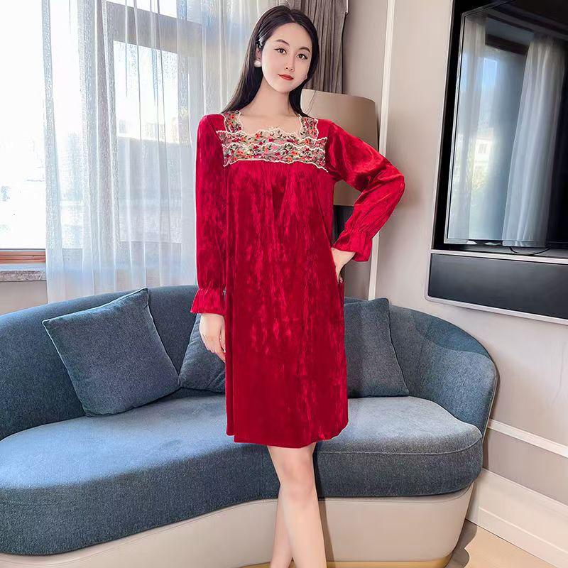Женская роскошная ночная сорочка из красного бархата - Элегантная осенне-зимняя домашняя одежда