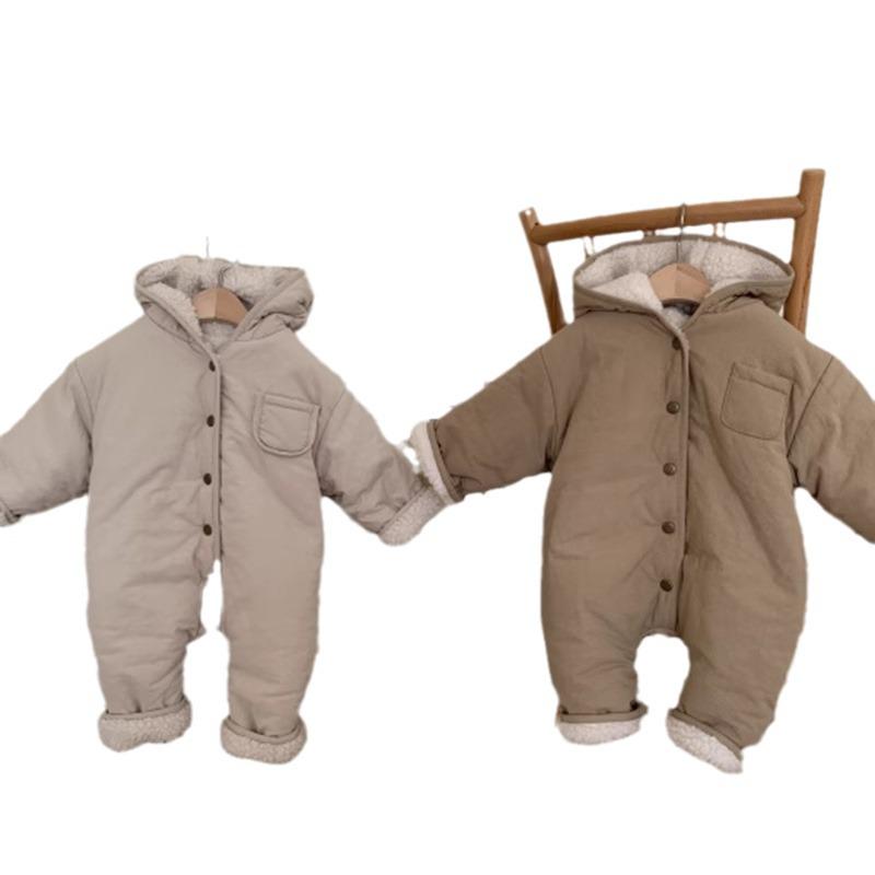 Korean Winter Hooded Lamb Fleece Jumpsuit for Boys & Girls - Thickened Casual Wear for Babies & Toddlers