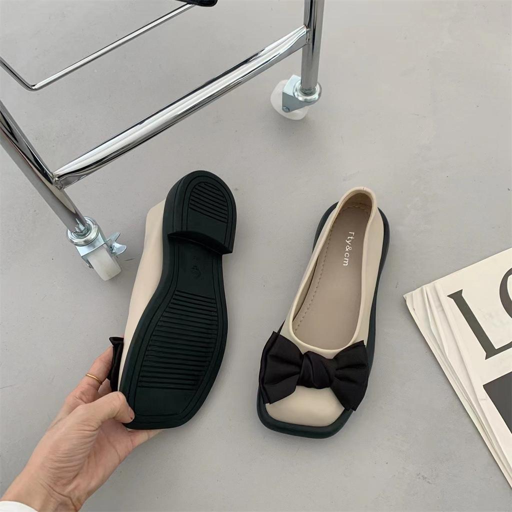 Womens Shoes Low Heel French Bow Retro Square Head Shallow Mouth Mary Jane Shoes New 2024 Retro Shoes Women Ladies Shoes