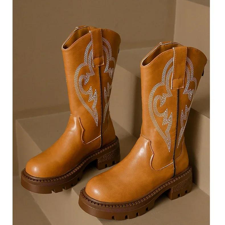 Вышитые Ковбойские Для Женщин Новые Круглый Носок Платформа Сапоги Ретро Классические Западные Ковбойские Модные До середины икры