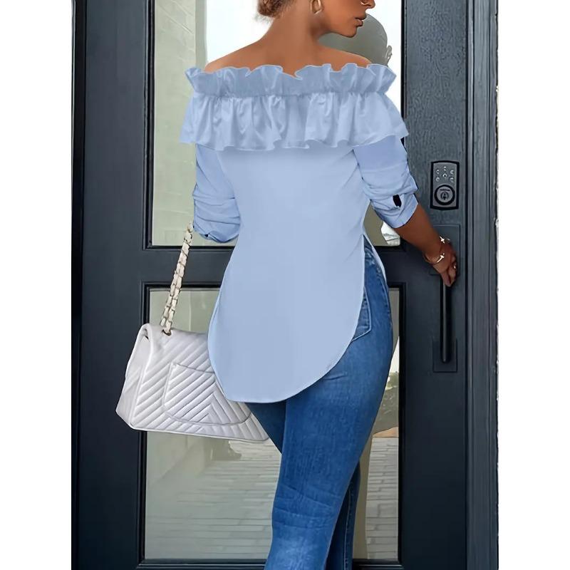Новая блузка с открытыми плечами, оборками и длинными рукавами, весенняя женская повседневная блузка неправильного кроя, однотонная, приталенная, модный топ для офисной леди