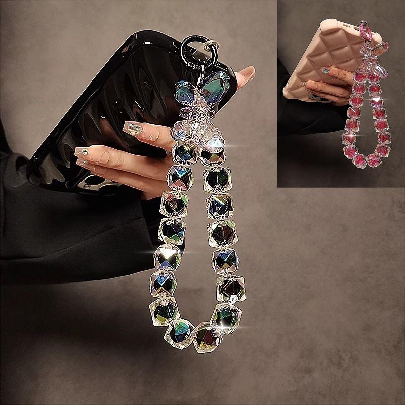 1PC DIY Bracelet Crystal Shinning Acrylic Butterfly Girl Phone Charms Wrist Hanging Strap Mobile Phone Lanyard Phone Bag Key Chain