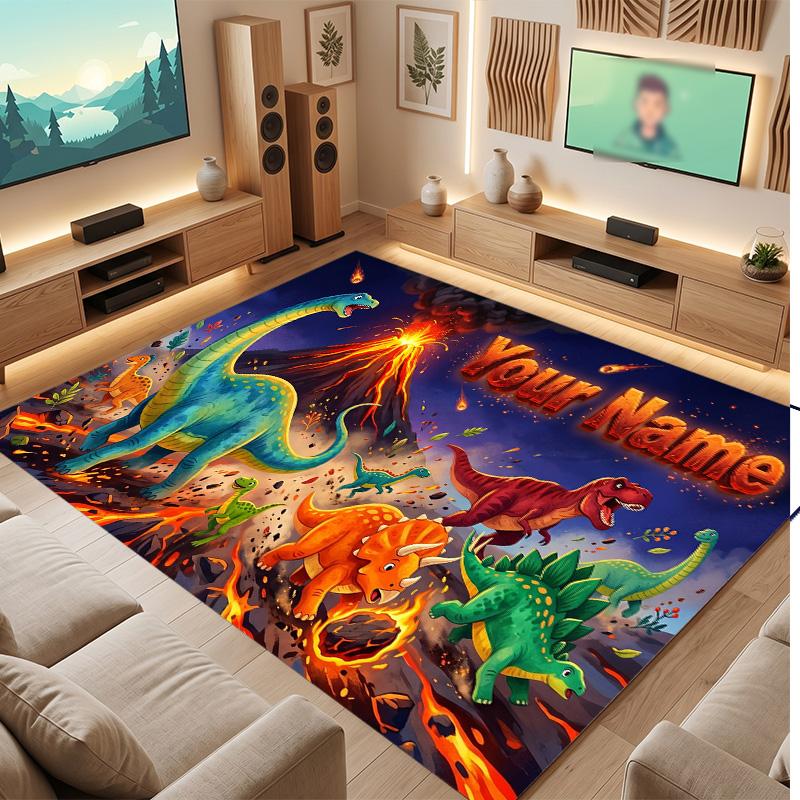Dinosaur Theme Soft Crystal Velvet Rug Custom Name & Text Print Non Slip Floor Rug for Bedroom Living Room