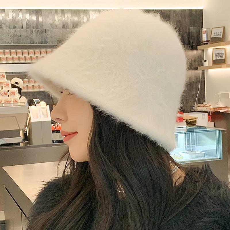 Autumn Winter Big Head Circumference Rabbit Hair Bucket Knitted Hat Women's Korean Velvet Basin Hats Warm Caps