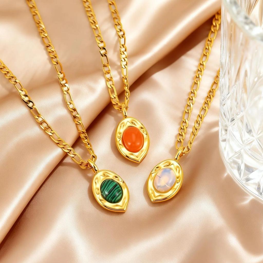 Fashion Opal Pendant Necklace for Women, Stainless Steel Colorful Natural Stone Necklace, Luxury Aesthetic Jewelry Gifts