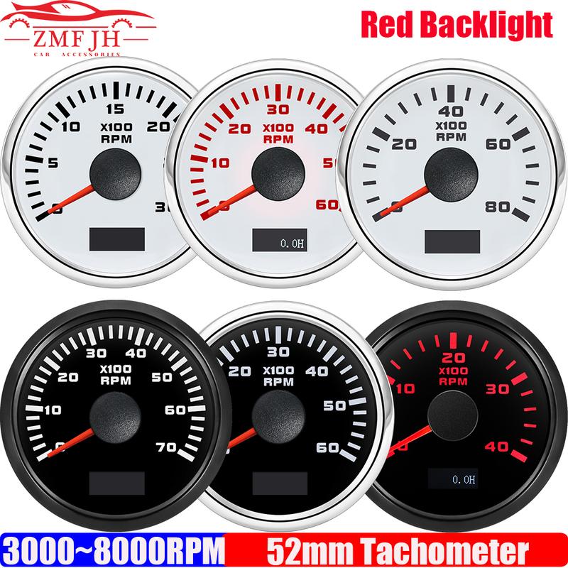 2" 52mm Tachometer 3000RPM 4000RPM,6000RPM,70000RPM,8000RPM Tacho Gauge Red Light RPM Meter for Boat Marine Car 12V24V