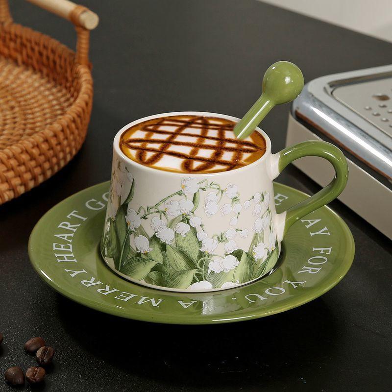 Original Hand Painted Lily of The Valley Flower Ceramic Coffee Cup Saucer Set Niche Latte Cup Afternoon Tea Exquisite Souvenir Gift