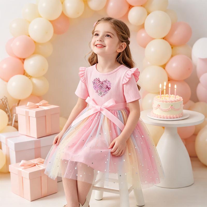 Girls Star Tulle Dress,Pink bow print, Cute Princess Party Dress with Bow, Short Sleeve Summer Dress for Little Girls