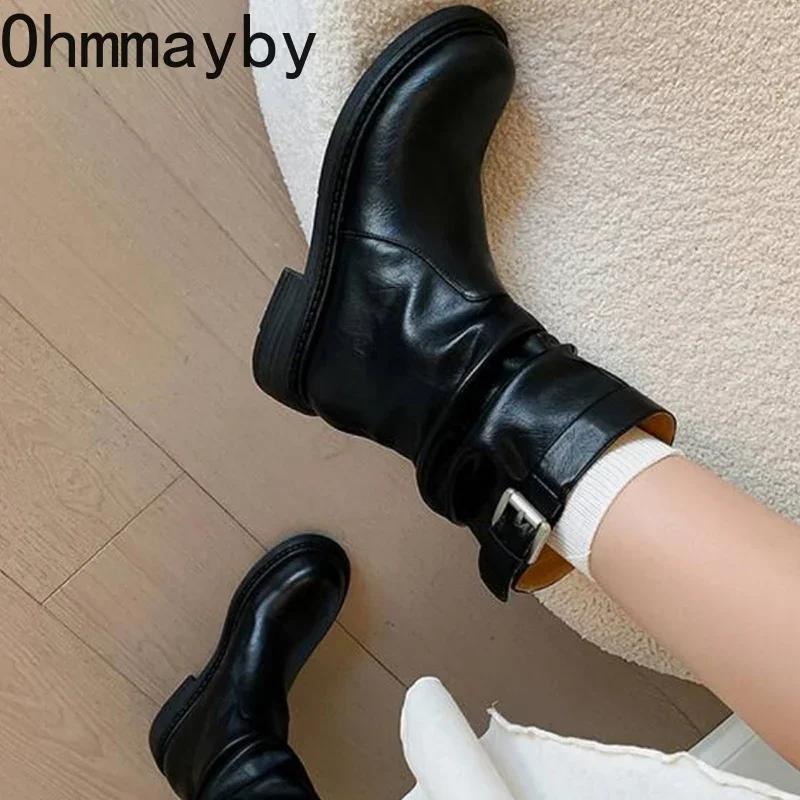Fashion Low Heel Women Western Cowgirl Boots Fashion Slip On Belt Buckle Shoes Retro Style Autumn Winter Ladies Knight Short Booties