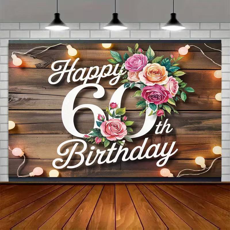 2D 60th Birthday Banner Rustic Wooden Floral Background for Women 60th Birthday Party Decoration