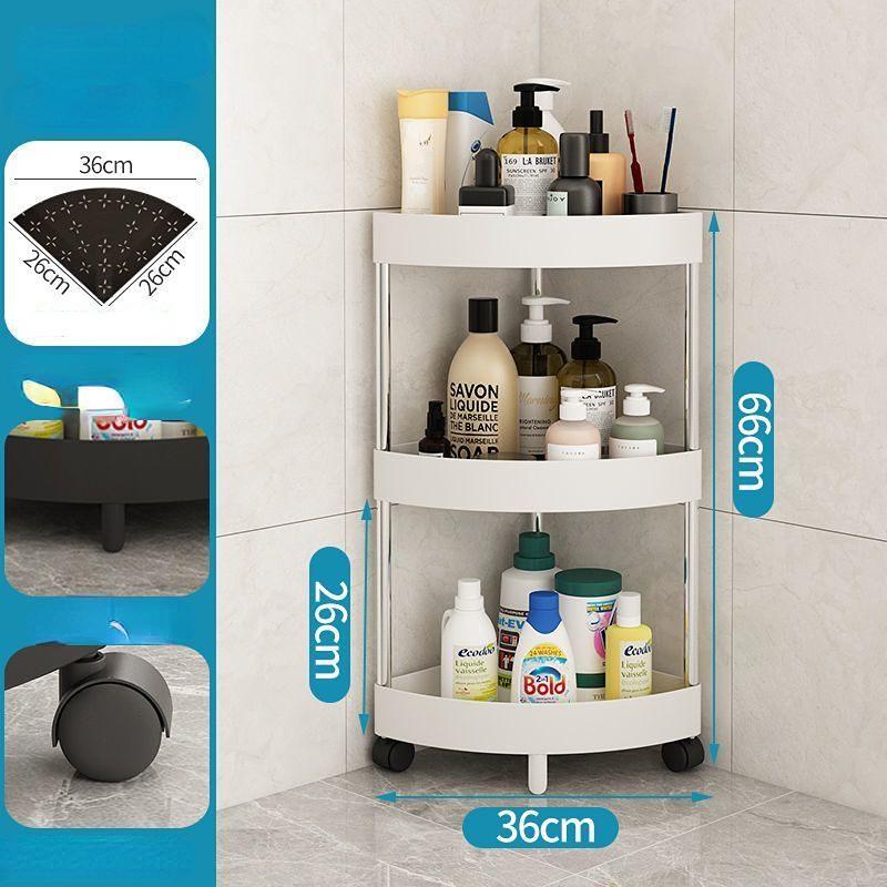 Corner Shelf Plastic Kitchen Bathroom Triangle 3/4 Tier Storage Rack Rolling Cart with Wheels Slide Out Floor Shelves