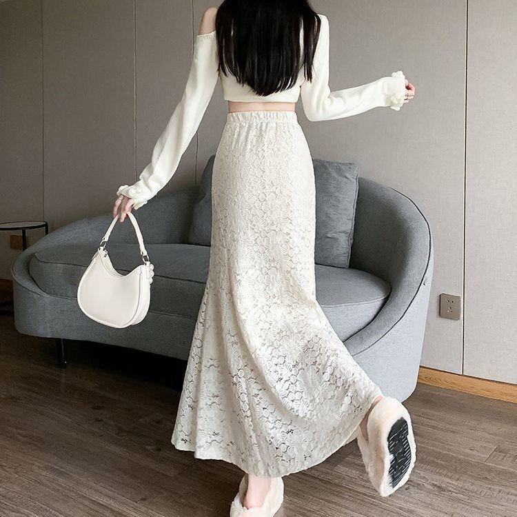 Юбка-рыбий хвост из кружева для женщин, узкая юбка с высокой талией и запахом на бедрах, универсальная, элегантная длинная юбка для осени и весны
