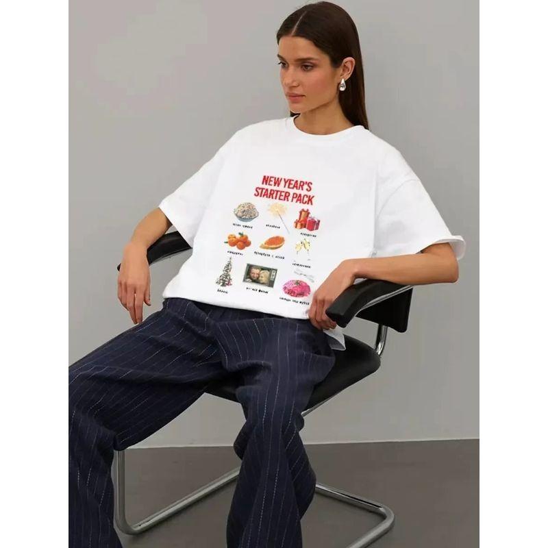 Fashion Style Fashion Print Round Neck Short Sleeve T-shirt Loose Casual Top Loose Printed T-shirt