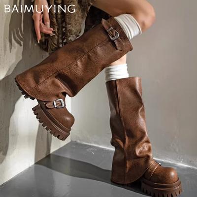 Платформа Массивные Женские Высокие Сапоги Модная Пряжка Кожа Средний Каблук Обувь 2025 Тренд Дизайнерские Сапоги до Колена Мотоциклетные Зимние Botas Mujer